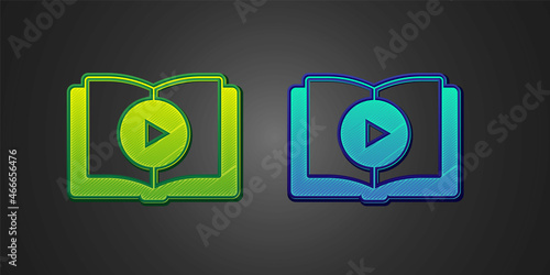 Green and blue Audio book icon isolated on black background. Play button and book. Audio guide sign. Online learning concept. Vector