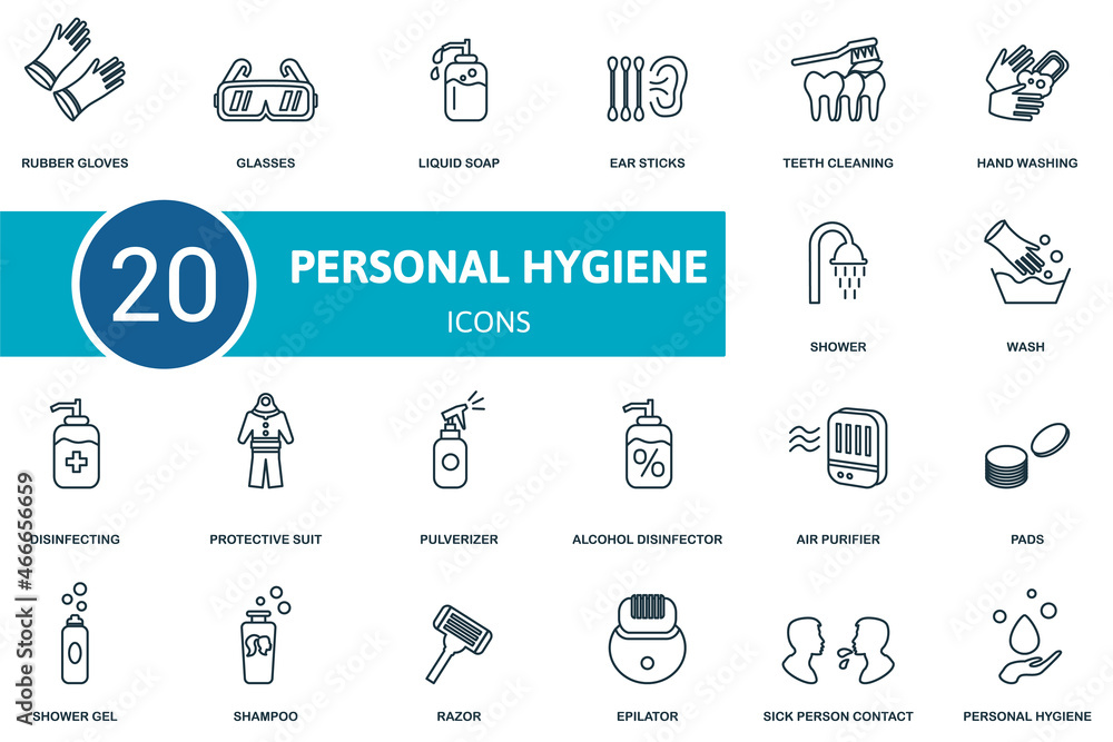 Personal Hygiene icon set. Collection of simple elements such as the rubber gloves, glasses, liquid soap, wash, disinfecting gel, pulverizer, ear sticks.
