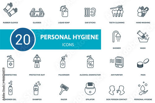 Personal Hygiene icon set. Collection of simple elements such as the rubber gloves, glasses, liquid soap, wash, disinfecting gel, pulverizer, ear sticks.
