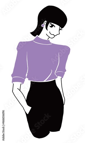 カラーTシャツでポーズをとるシンプルな女性のイラスト