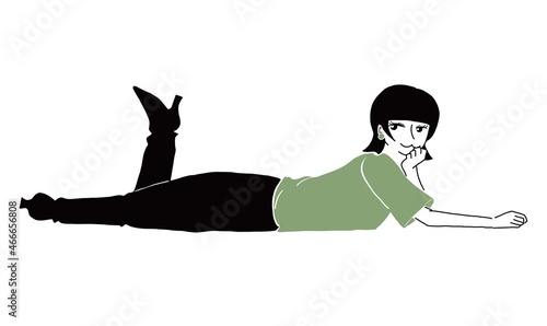 カラーTシャツでポーズをとるシンプルな女性のイラスト

