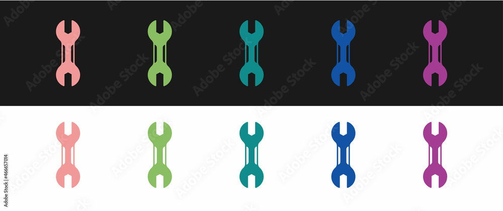 Set Wrench spanner icon isolated on black and white background. Spanner repair tool. Service tool symbol. Vector