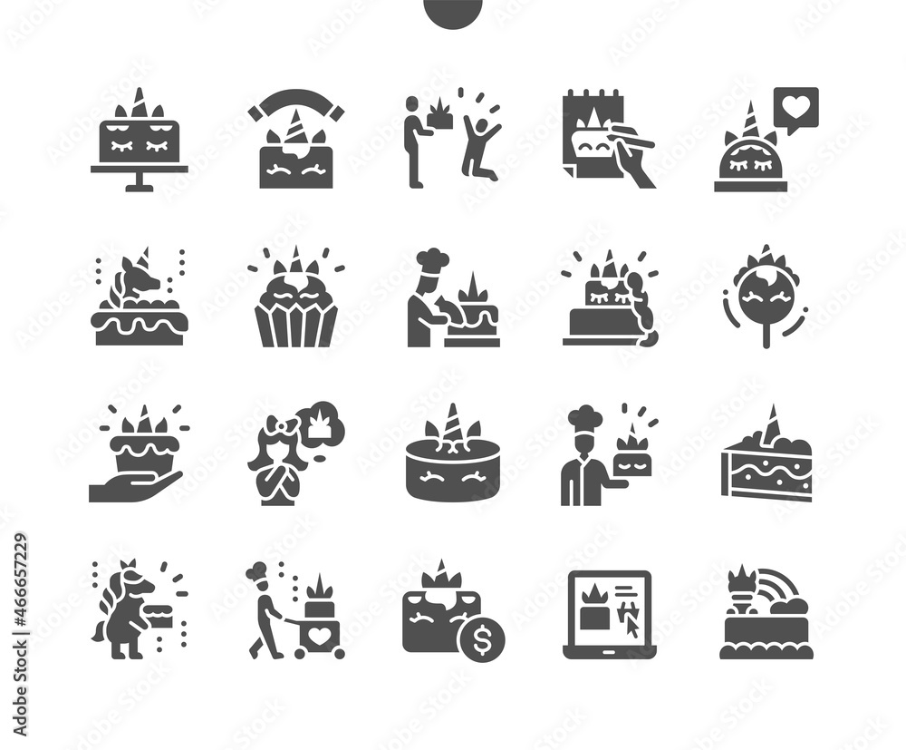 Unicorn cake. Confectioner. Menu for restaurant and cafe. Birthday, fantasy, sweet food. Party and celebration. Vector Solid Icons. Simple Pictogram