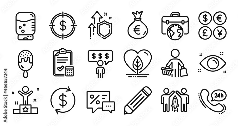 Fototapeta premium Accounting checklist, 24h service and Winner line icons set. Secure shield and Money currency exchange. Health eye, Local grown and Usd exchange icons. Vector
