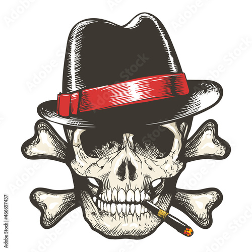 Skull in Gangster Hat Smoking Cigar Tattoo