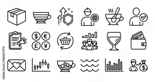 Tea cup, Wine glass and Refresh cart line icons set. Secure shield and Money currency exchange. Engineer, Cold coffee and Debit card icons. Valentine, Parcel and Sallary signs. Vector