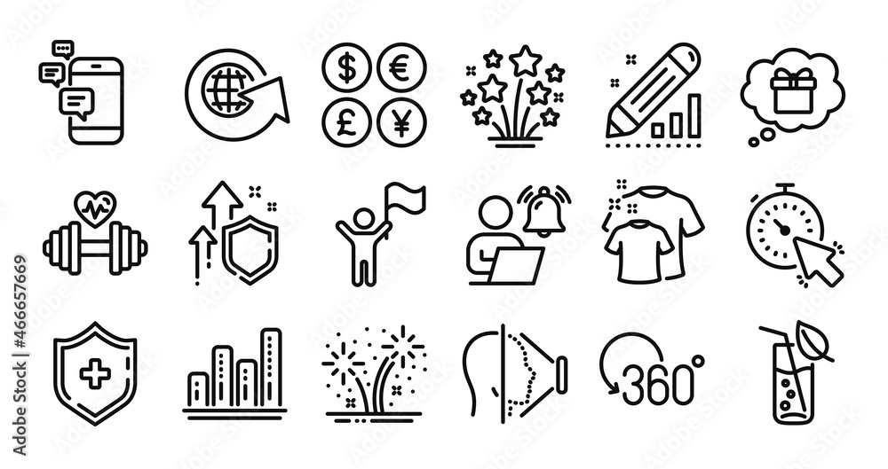 Gift dream, Edit statistics and Medical shield line icons set. Secure shield and Money currency exchange. Water glass, Clean t-shirt and Fireworks icons. Vector