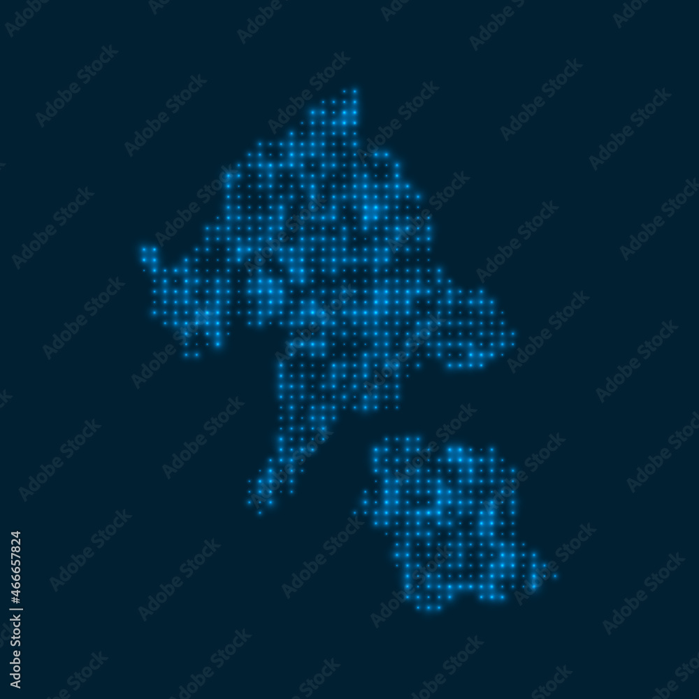 Aka Island dotted glowing map. Shape of the island with blue bright bulbs. Vector illustration.