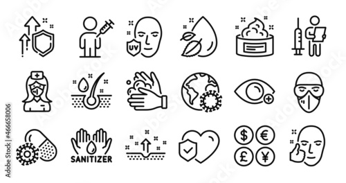 Vaccination announcement, People vaccination and Clean skin line icons set. Secure shield and Money currency exchange. Coronavirus pills, Hand sanitizer and Farsightedness icons. Vector