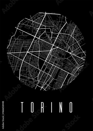 Turin map vector black poster. Round circular view, street map of Turin city illustration.