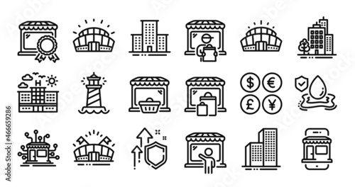 Delivery market, Buildings and Marketplace line icons set. Secure shield and Money currency exchange. Sports arena, Sports stadium and Lighthouse icons. Vector