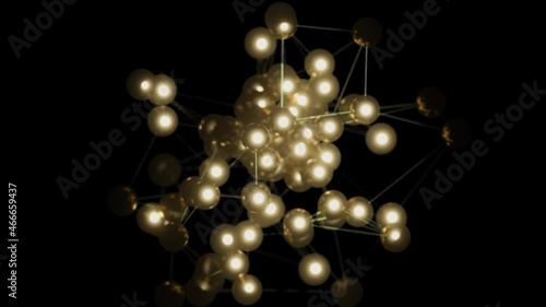 3D abstract animation with golden spheres and green sticks connected on black background