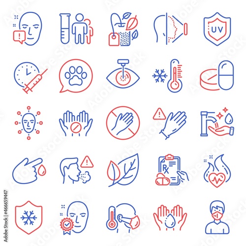 Healthcare icons set. Included icon as Pets care, Clean skin, Dont touch signs. Prescription drugs, Medical analyzes, Face attention symbols. Face biometrics, Use gloves, Low thermometer. Vector