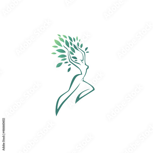 abstract woman body and green leaves in her hair