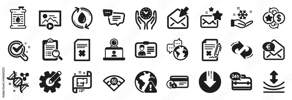 Set of Technology icons, such as World communication, Oil barrel, Internet warning icons. Video conference, Safe time, Payment method signs. Download arrow, Refill water, Reject file. Vector Set of Technology icons, such as World communication, Oil barrel, Internet warning icons. Video conference, Safe time, Payment method signs. Download arrow, Refill water, Reject file. Vector