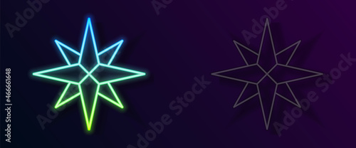 Glowing neon line Wind rose icon isolated on black background. Compass icon for travel. Navigation design. Vector