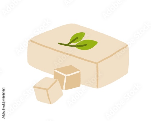 Tofu block and its cut cube pieces. Whole bar of feta cheese served with basil leaf. Fresh dairy food, milk product. Flat vector illustration isolated on white background