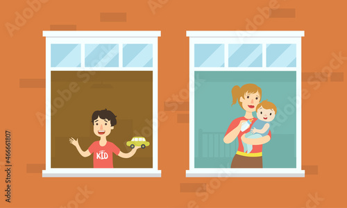 People Character Looking Out from Open Window Vector Illustration