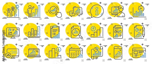 Graph line icons. Set of Chart presentation, Report, Increase growth graph icons. Analytics testing, Falling demand, Pie chart report. Calendar statistics, Stats. Ab testing, Increase sales. Vector