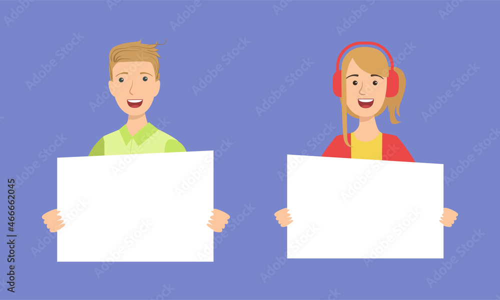 Smiling Man and Woman Holding Clean Empty White Placard Vector Set Smiling Man and Woman Holding Clean Empty White Placard Vector Set