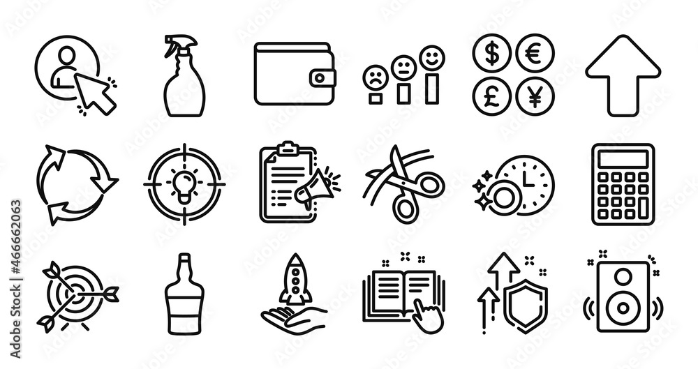 Fototapeta premium Calculator, Scissors and Customer satisfaction line icons set. Secure shield and Money currency exchange. User, Target and Money wallet icons. Megaphone checklist, Recycle and Spray signs. Vector
