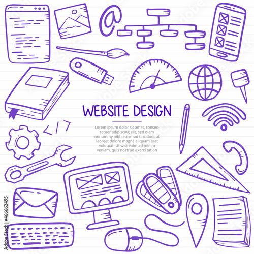 website design doodle hand drawn with outline style on paper books line