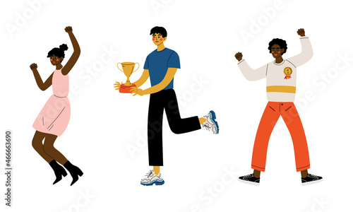 Excited Man and Woman Winner Holding Cup Award and Cheering Vector Illustration Set