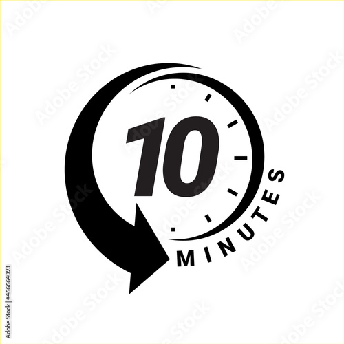 10 Minute timer icons. sign for ten minutes. The arrow indicates the limited cooking time or deadline for an event or task. Vector illustration