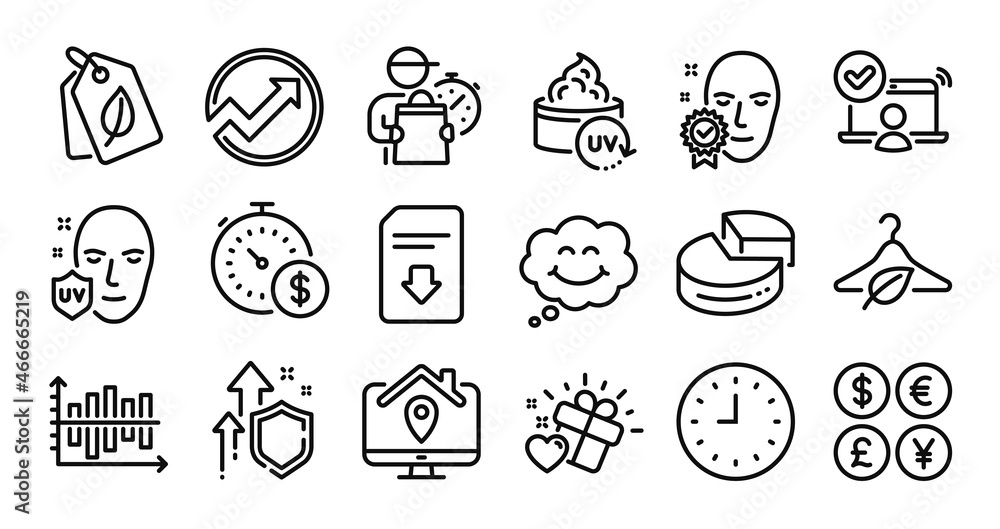 Bio tags, Work home and Face verified line icons set. Secure shield and Money currency exchange. Download file, Audit and Smile icons. Uv protection, Clock and Online access signs. Vector