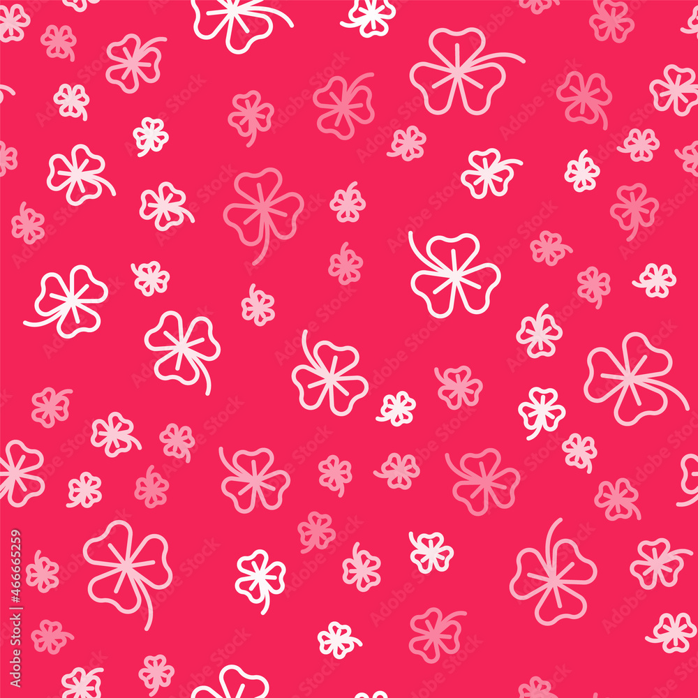 White line Clover trefoil leaf icon isolated seamless pattern on red background. Happy Saint Patricks day. National Irish holiday. Vector