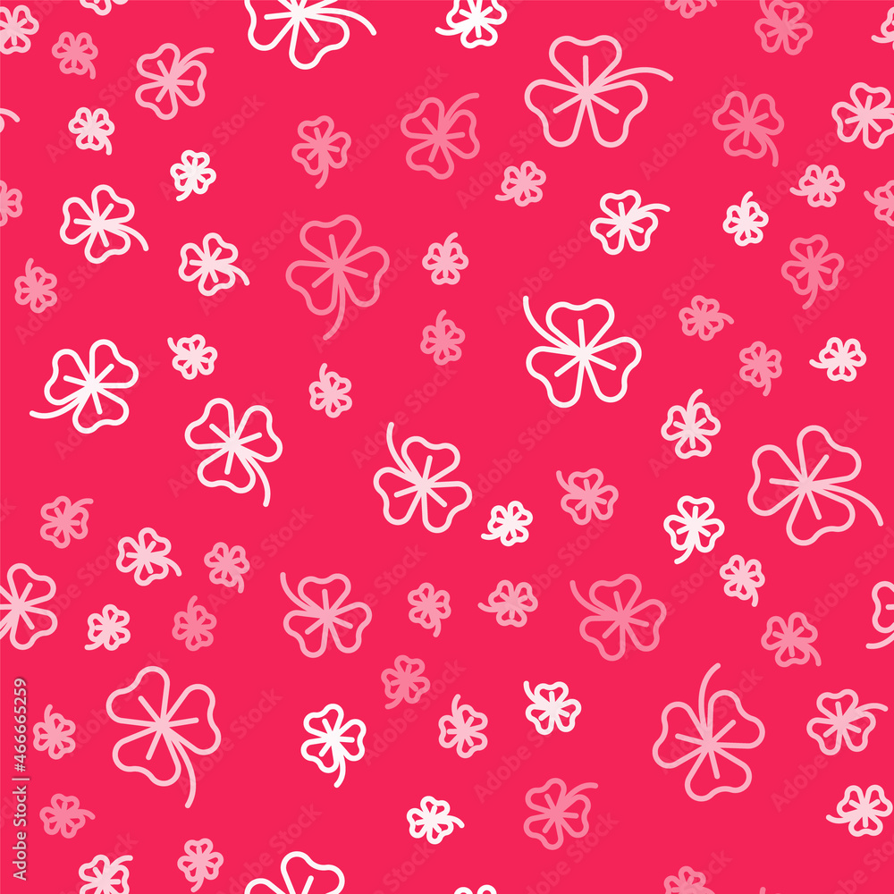 White line Clover trefoil leaf icon isolated seamless pattern on red background. Happy Saint Patricks day. National Irish holiday. Vector White line Clover trefoil leaf icon isolated seamless pattern on red background. Happy Saint Patricks day. National Irish holiday. Vector