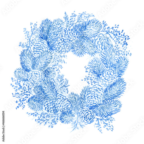 Monochrome watercolor christmas wreath illustration on white background