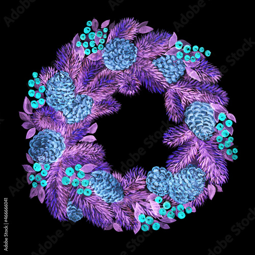 Neon blue and violet christmas wheath illustration