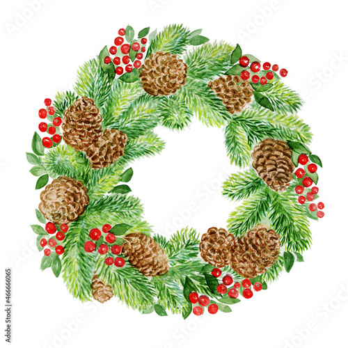Fir christmas wreath with cones and berries, isolated on white background. Watercolor realistic colorful illustration for gift, card, papeer