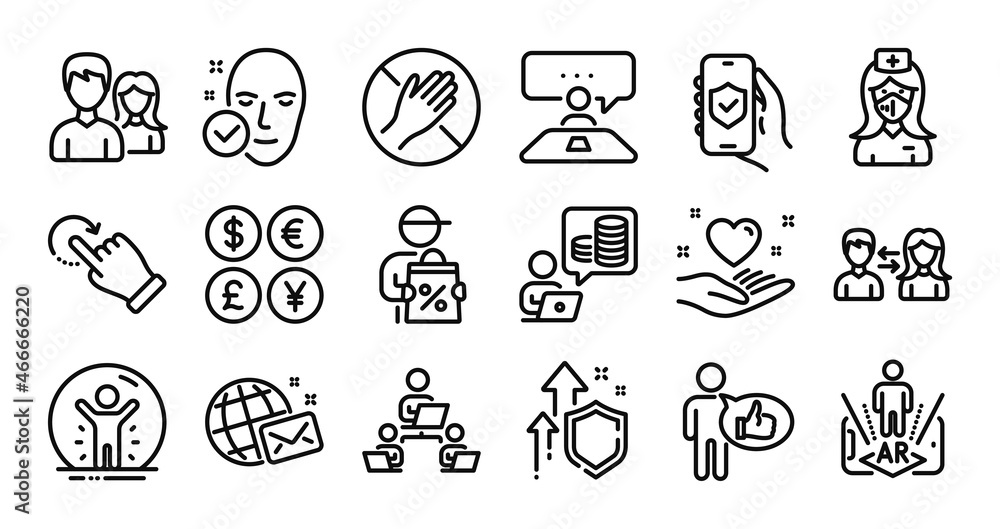 Teamwork, Dont touch and Rotation gesture line icons set. Secure shield and Money currency exchange. Augmented reality, Delivery discount and People communication icons. Vector