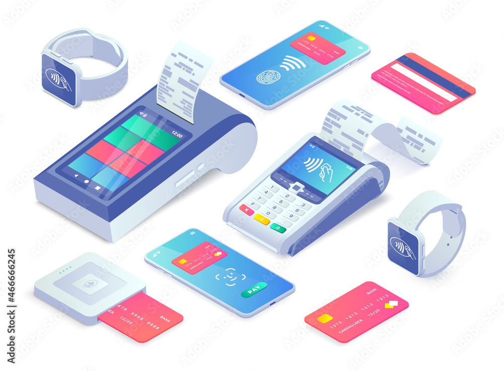 Vector Cashless Payment machine isometric concept. 3d Contactless payment via smartphone, smart watch, credit card, smart terminal with online cash desk. Success Mobile transaction NFC payments Vector Cashless Payment machine isometric concept. 3d Contactless payment via smartphone, smart watch, credit card, smart terminal with online cash desk. Success Mobile transaction NFC payments