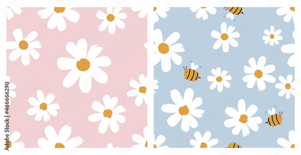 Seamless patterns with daisies and bee cartoons on pink and blue backgrounds vector. Seamless patterns with daisies and bee cartoons on pink and blue backgrounds vector.