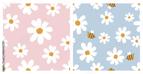 Seamless patterns with daisies and bee cartoons on pink and blue backgrounds vector.
