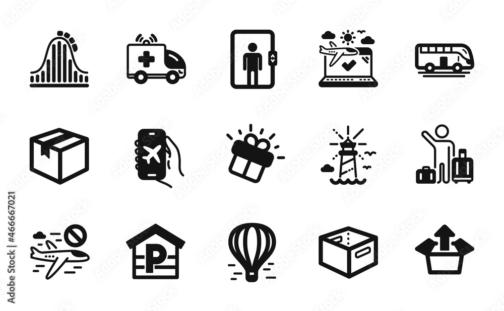 Vector set of Airplane travel, Gift and Office box icons simple set. Air balloon, Bus tour and Cancel flight icons. Roller coaster, Send box and Lighthouse signs. Vector