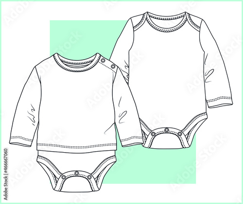 Baby clothing vector flat sketch, Baby girl fashion design VECTOR. You can use it as a base in your collection, color it as you wish and place your print pattern. baby romper