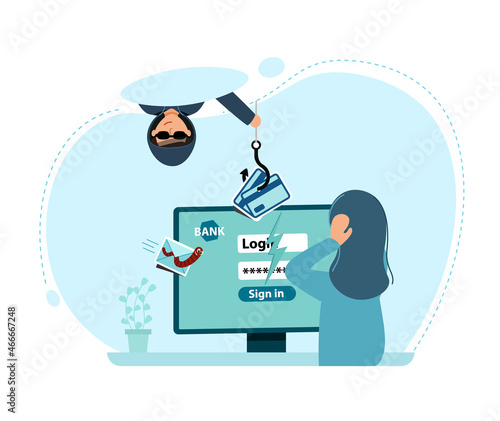 User is sitting at computer. hacker attack and online scam and steal.