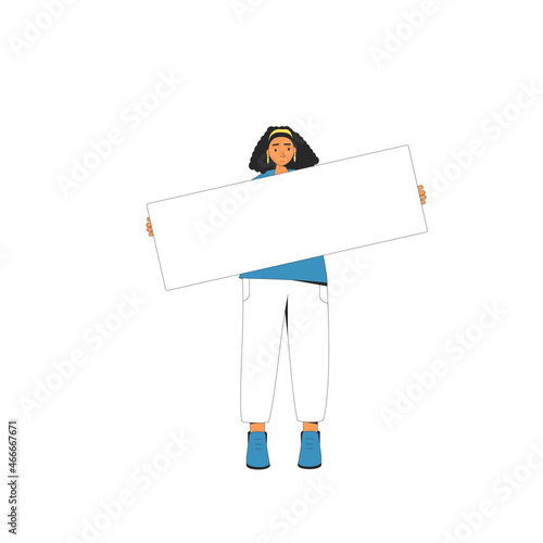 Woman holding blank banner.