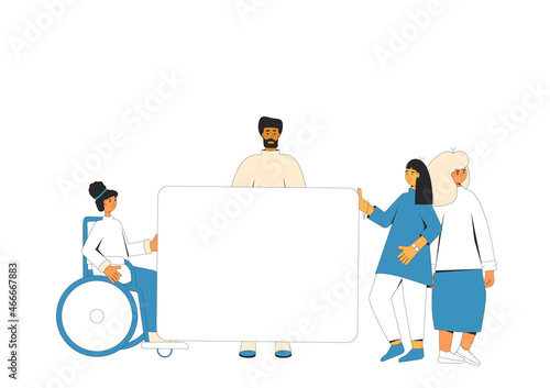 Group of people holding blank banner.