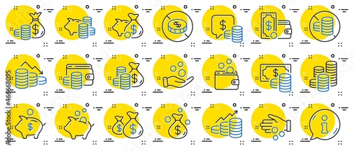 Coins line icons. Cash money, Donation coins, Give tips icons. Piggy bank, Business income, Loan. Money savings, give coin, cash tips. Investment profit, growth chart, financial crisis. Vector