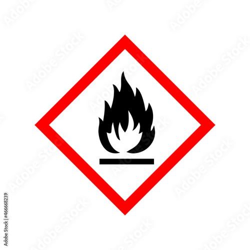Flammable substances sign. Vector illustration of red border square sign with flame fire inside. Attention. Danger zone. Caution flammable materials. Keep away from fire symbol. photo