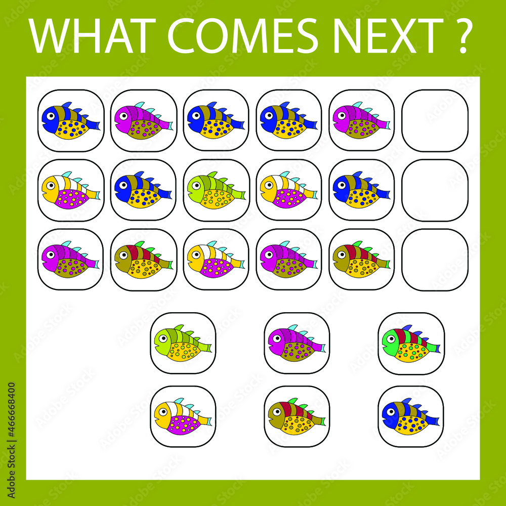 An educational activity for children - to make a logical chain of colorful  fishes. Which fruit is next?