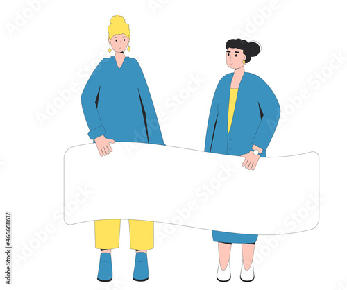 Two women holding blank banner.