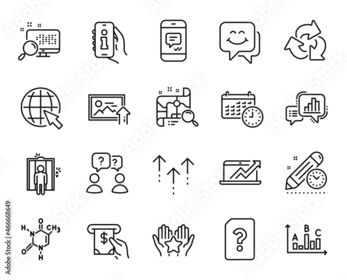 Vector set of Unknown file, Calendar and Graph chart line icons set. Teamwork questions, Search map and Sales diagram icons. Survey results, Project deadline and Search signs. Vector