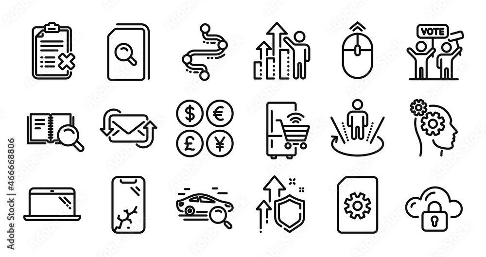 Fototapeta premium Refrigerator, Cloud protection and File management line icons set. Secure shield and Money currency exchange. Timeline, Search car and Employee results icons. Vector
