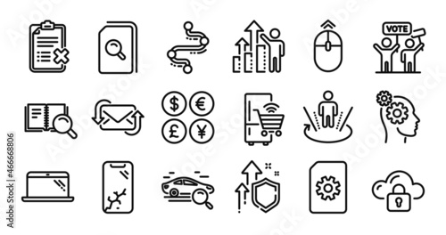 Refrigerator, Cloud protection and File management line icons set. Secure shield and Money currency exchange. Timeline, Search car and Employee results icons. Vector